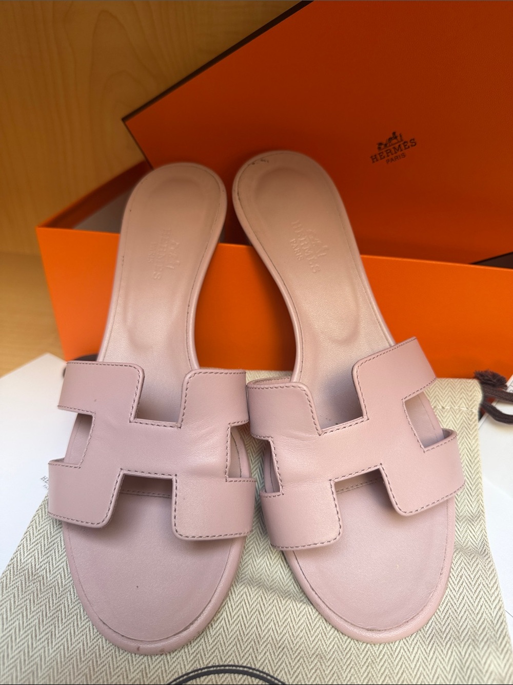 Hermes Pink Leather H Slide Sandals - Women